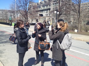 4.14.16 WICI Montreal -Interviewee (left), Interviewer Noémie Bourbonnais (centre left), Sound Recorder Lucie Pagès (centre right), and Camerawoman Kathleen Ellis (right))